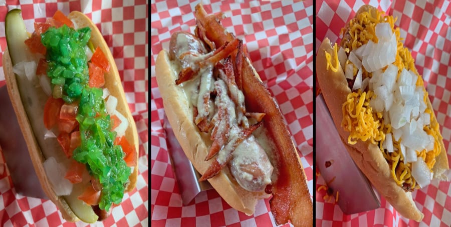 Chicago Dog, Bacon & Creamy Gorgonzola Dog, Chili Dog trio at MADdogs Gourmet Hot Dogs.