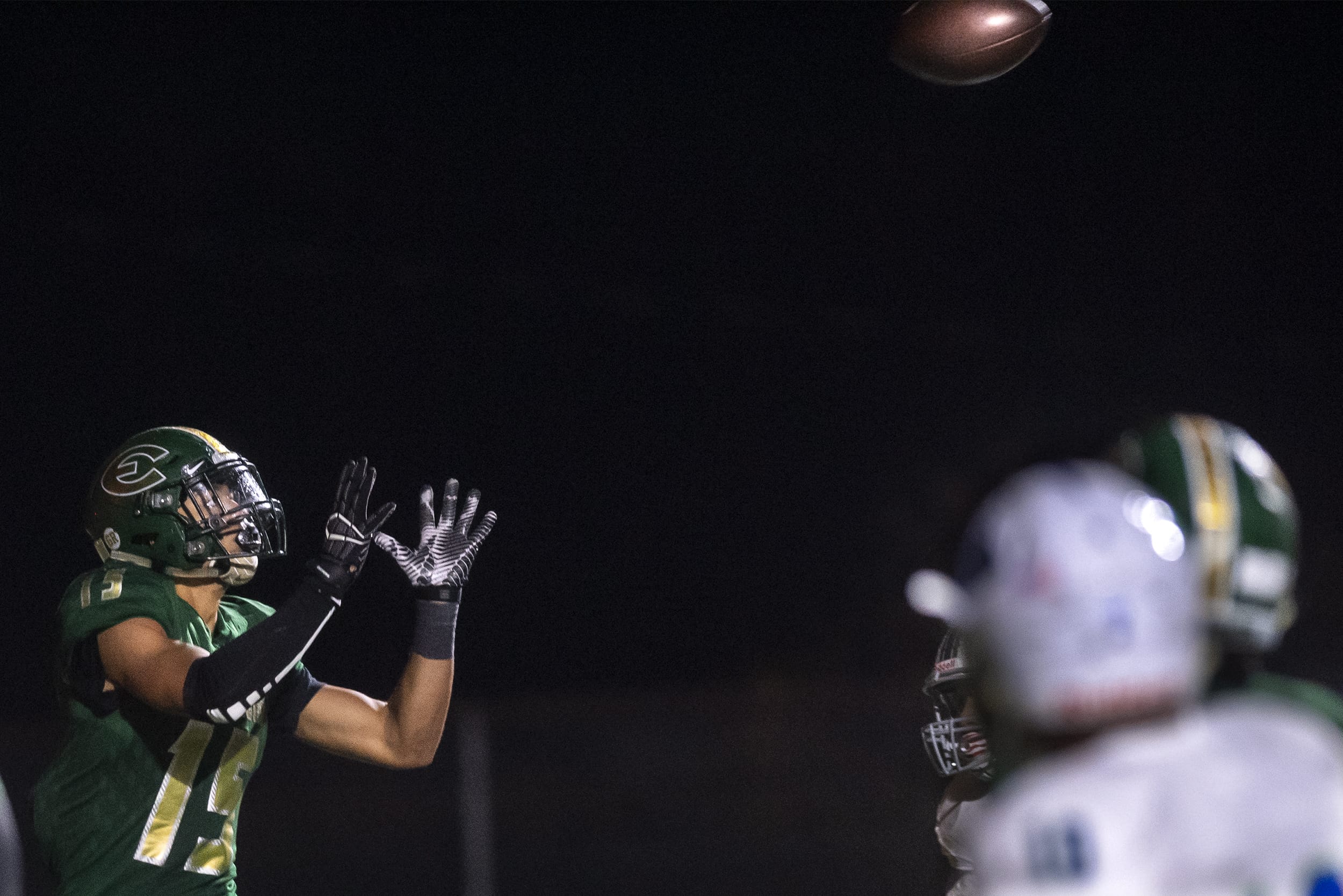 Evergreen's Tae Marks catches the game winning pass during a game against Mountain View at McKenzie Stadium on Friday night, Oct. 18, 2019.