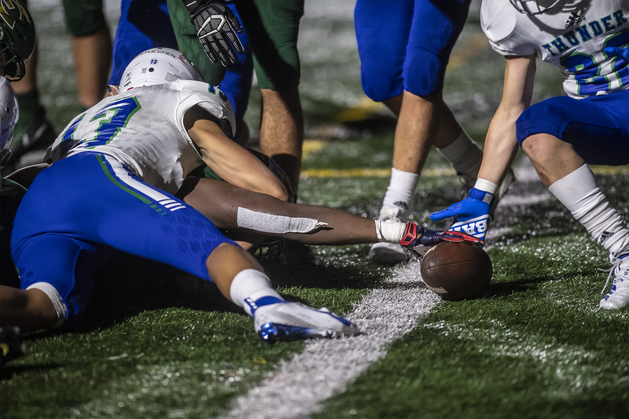 Evergreen’s Tyvauntae Deloney reaches out to try and break the end zone plane during a game against Mountain View  at McKenzie Stadium on Friday night, Oct. 18, 2019.