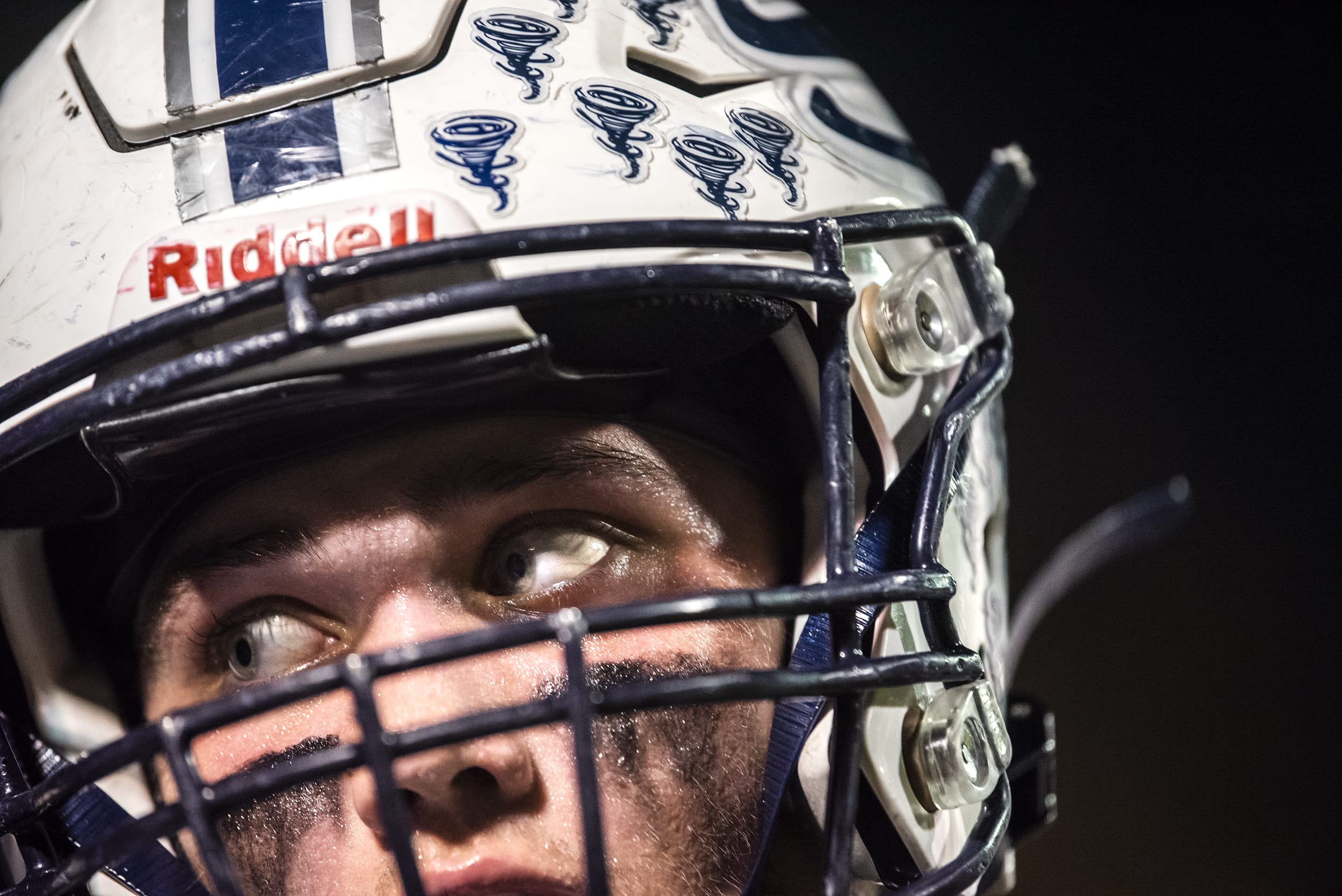 Skyview’s Cooper Barnum watches a special teams play from the sideline in the 4th quarter during a game against Camas at the Kiggins Bowl on Thursday night, Oct. 24, 2019.
