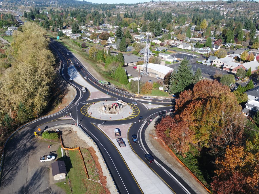 A photo taken from a drone shows the roundabout on state Highway 14 and Washougal River Road/15th Street.