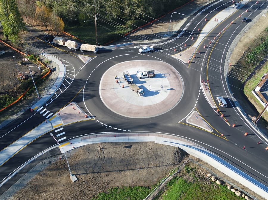 A roundabout on state Highway 14 and 32nd Street in Washougal as seen in this October aerial photo taken from a drone.