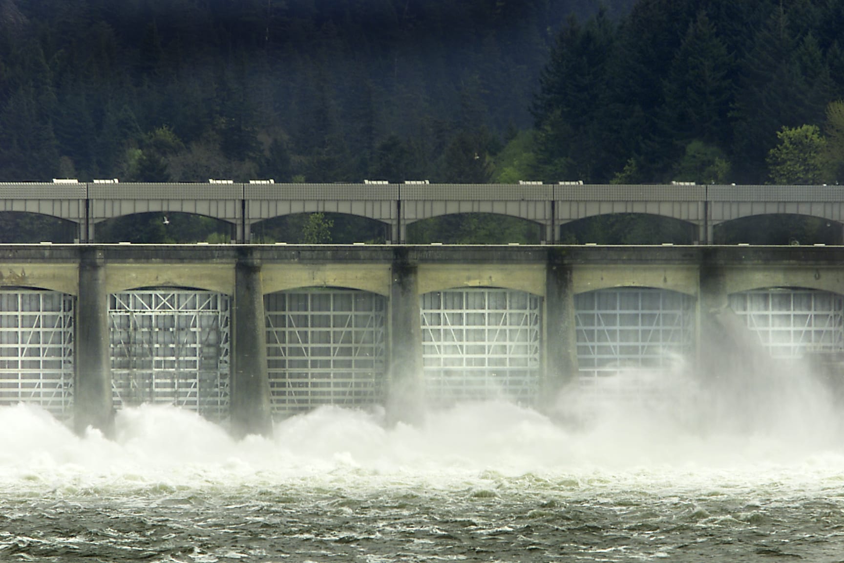 April 18, 2003 -- Jeremiah Coughlan -- Water roils through the spillway and mist whips up the gates at Bonneville Dam,  releasing water at a rate of 263,000 cubic feet per second.