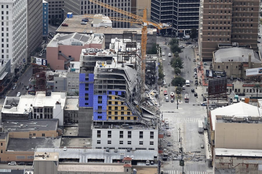 This aerial photo shows the Hard Rock Hotel, which was under construction, after a fatal partial collapse in New Orleans, Saturday, Oct. 12, 2019.