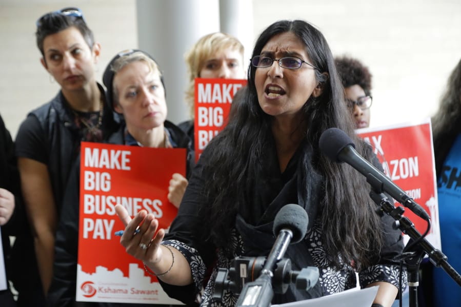 Seattle City Council member Kshama Sawant speaks at City Hall on June 12, 2018, in Seattle. (Ted S.