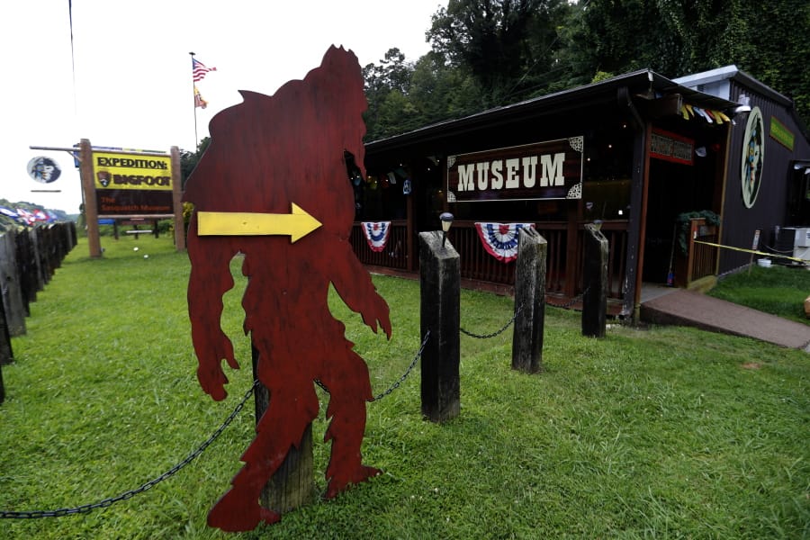 A cutout of a Bigfoot directs visitors to the entrance of Expedition: Bigfoot! The Sasquatch Museum in Cherry Log, Ga.