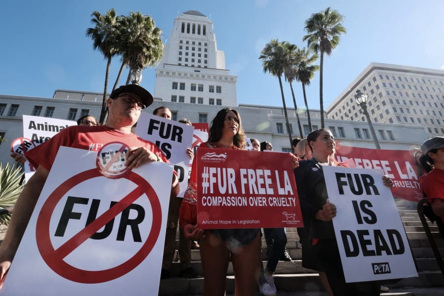 FILE -- In this Sept. 18, 2018 file photo protesters with the People for the Ethical Treatment of Animals (PETA) hold signs to ban fur in Los Angeles prior to a news conference at Los Angeles City.  California will ban the sale and manufacture of new fur products and bar most animals from circus performances under a pair of bills signed Saturday, Oct. 12, 2019 by Gov. Gavin Newsom.