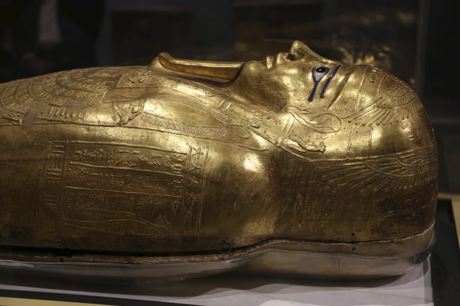 The golden coffin that once held the mummy of Nedjemankh, a priest in the Ptolemaic Period some 2,000 years ago, is displayed at the National Museum of Egyptian Civilization, in Old Cairo, Egypt, Tuesday, Oct. 1, 2019. Egypt is displaying the gilded ancient coffin returned to the country last week from New York&#039;s Metropolitan Museum of Art after U.S. investigators determined to be a looted antiquity.