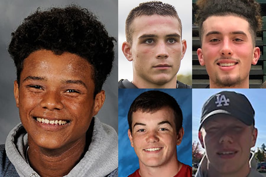 Week 6 football player of the week Steven Hancock of Battle Ground with other nominees (clockwise from top left) Brevan Bea of Washougal, Carter Monda of Evergreen, Mason Packer of King's Way Christian and Cooper Barnum of Skyview.