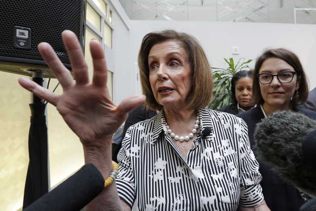 Speaker of the House Nancy Pelosi, D-Calif., left, speaks with media members with Rep. Suzan DelBene, D-Wash., after they spoke about lowering the cost of prescription drug prices Tuesday, Oct. 8, 2019, at Harborview Medical Center in Seattle.