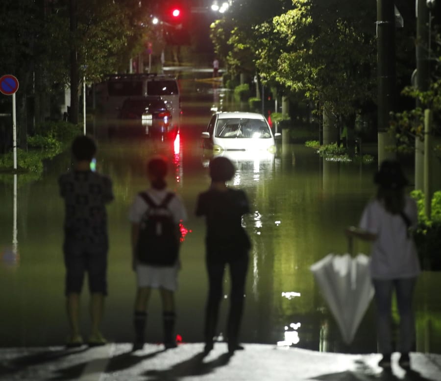People look at the submerged residential area hit by Typhoon Hagibis, in Tokyo, Saturday, Oct. 12, 2019.