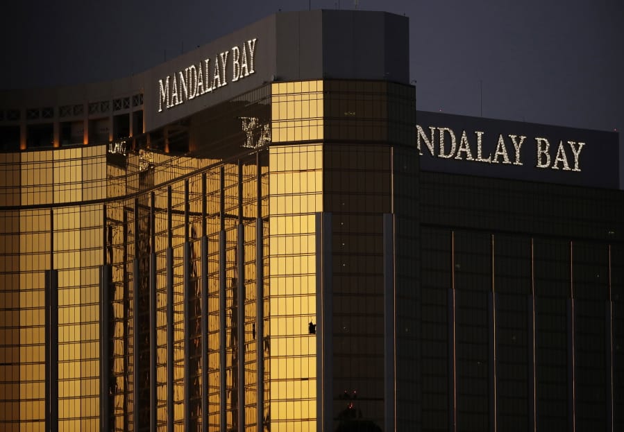 FILE - In this Oct. 3, 2017, file photo, windows are broken at the Mandalay Bay resort and casino in Las Vegas, the room from where Stephen Craig Paddock fired on a nearby music festival, killing 58 and injuring hundreds on Oct. 1. In the two years since the deadliest mass shooting in modern U.S. history, the federal government and states have taken some action to tighten gun regulations. But advocates say they&#039;re frustrated more hasn&#039;t been done since the attack in Las Vegas killed 58 people on Oct. 1, 2017, and that mass shootings keep happening across the country.