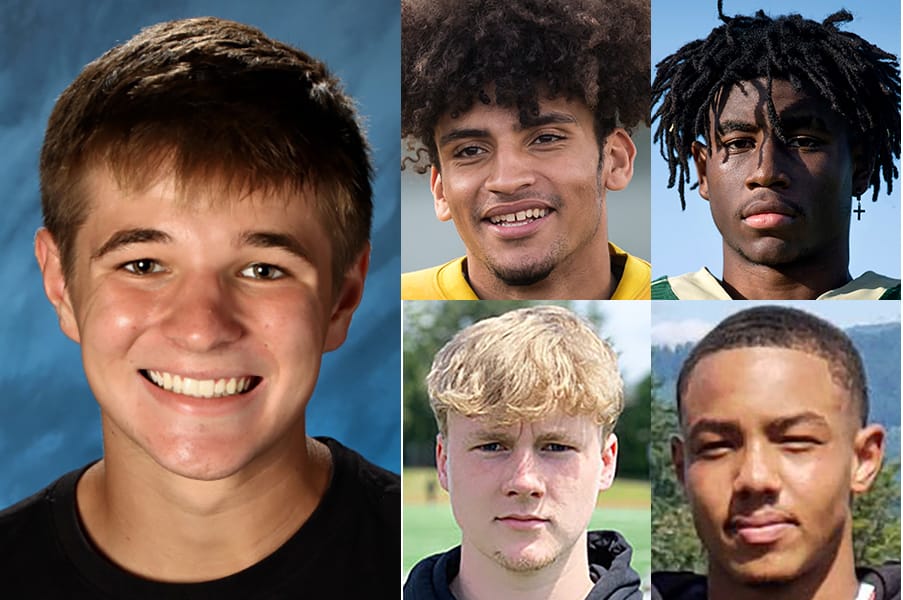 Week 5 prep football player of the week Jake Blair of Camas with other nominees (clockwise from top left) AJ Dickson of Prairie, Zyelle Griffin of Evergreen, CJ Jordan of Union, Alec Cann of Mountain View