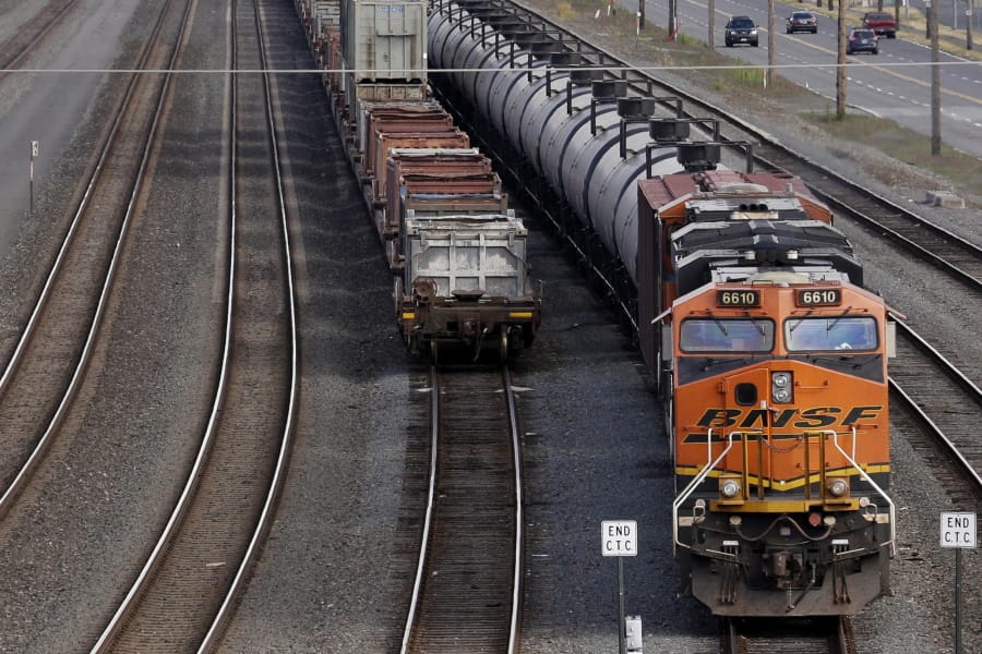 A BNSF Railway Company train is parked on July 27, 2015, in Seattle.