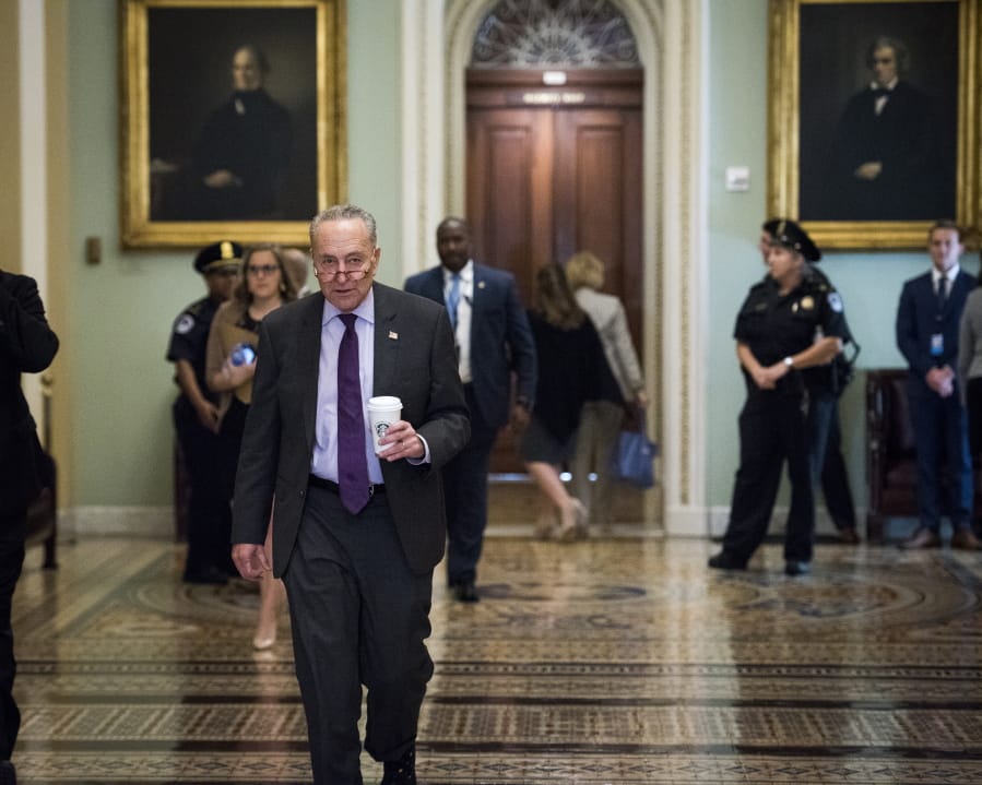 Senate Minority Leader Sen. Chuck Schumer of N.Y., walks to the Senate Chamber on Capitol Hill in Washington, Wednesday, Oct. 23, 2019.