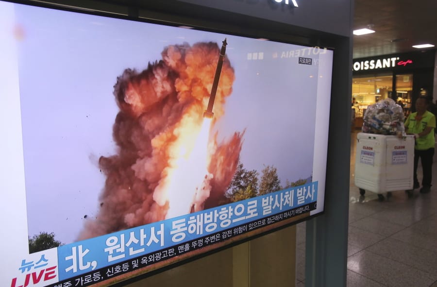 A TV screen shows a file image of a North Korea&#039;s missile launch during a news program at the Seoul Railway Station in Seoul, South Korea, Wednesday, Oct. 2, 2019. North Korea on Wednesday fired projectiles toward its eastern sea, South Korea&#039;s military said, in an apparent display of its expanding military capabilities ahead of planned nuclear negotiations with the United States this weekend.