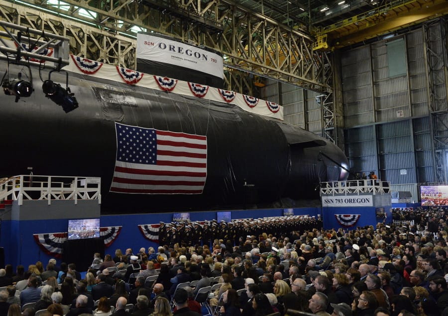 The U.S. Navy&#039;s newest attack submarine, the future USS Oregon, is christened in a ceremony Saturday at Electric Boat in Groton, Conn.