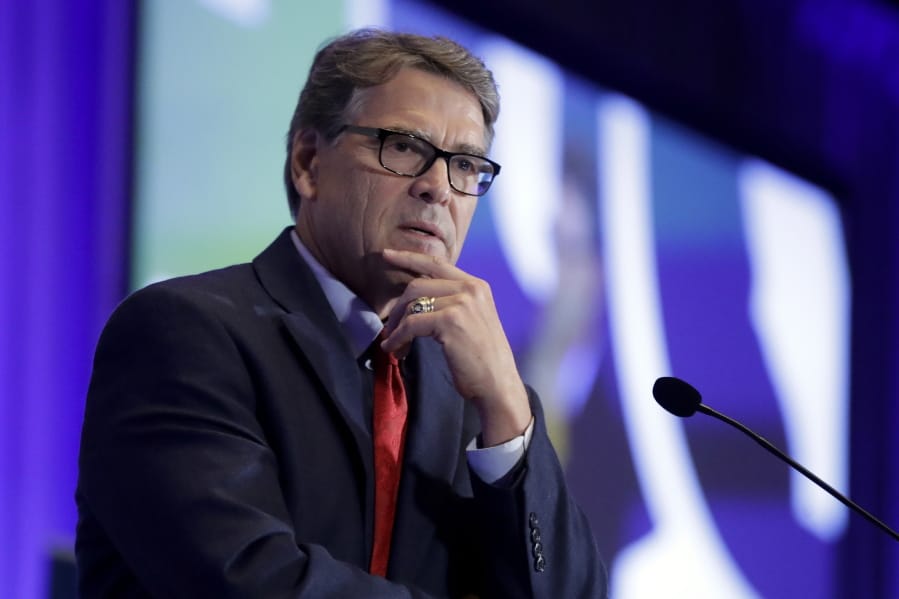 FILE - In this Sept. 6, 2019, file photo, Energy Secretary Rick Perry speaks at the California GOP fall convention in Indian Wells, Calif. Perry pushed Ukraine&#039;s president earlier in 2019 to replace members of a key supervisory board at Naftogaz, a massive state-owned petroleum company.