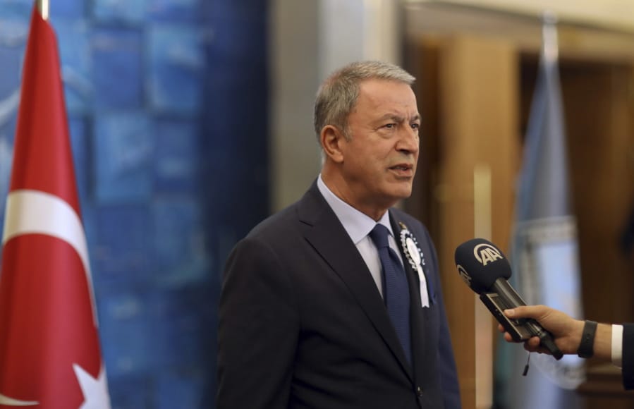 Turkey&#039;s Defense Minister Hulusi Akar speaks to the media at the National Defence University, in Istanbul, Wednesday, Oct. 9, 2019. Akar says preparations for an expected Turkish incursion into Syria are continuing.