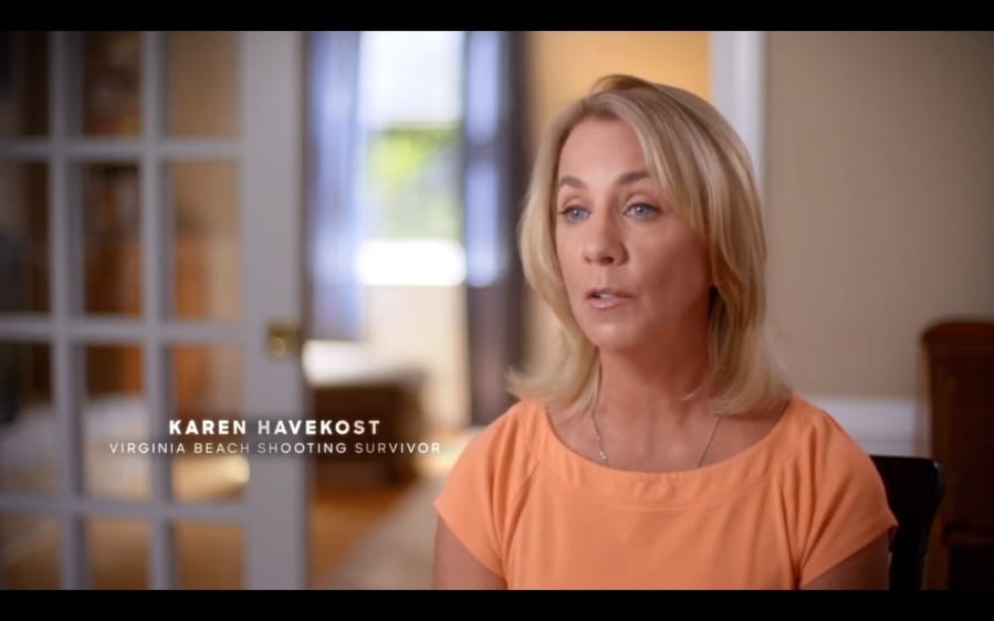 The screen grab provided by the Missy for Senate campaign, shows a photo of an ad featuring Virginia Beach shooting survivor Karen Havekost. The campaign for Democratic candidate Missy Cotter Smasal began airing the ad &quot;Karen&quot; as she runs for Virginia state Senate. The TV spot quotes a woman who survived the Virginia Beach mass shooting in May and claims Republican incumbent Bill DeSteph hasn&#039;t done enough on gun control in the shooting&#039;s wake.