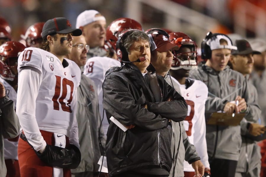 Washington State head coach Mike Leach looks on in the first half of an NCAA college football game against Utah Saturday, Sept. 28, 2019, in Salt Lake City.