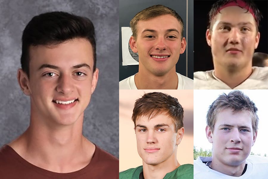 Week 8 football player of the week Kemper Shrock with nominees (clockwise from top left) Josh Webb of Kelso, Josiah Cochran of Skyview, Liam Mallory of Hockinson and Brooks Massey of Woodland.