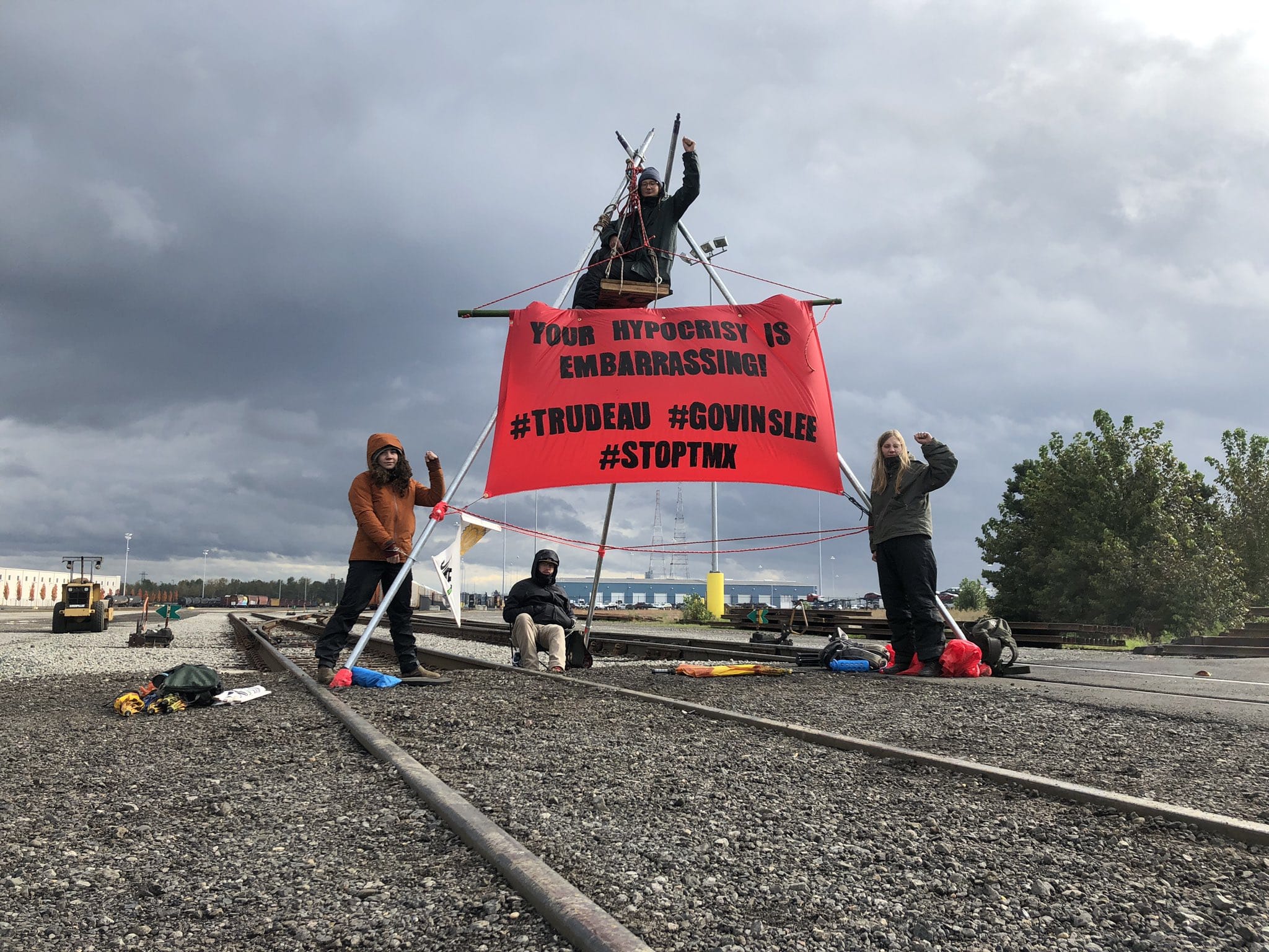 Demonstrators set up at the Port of Vancouver to protest the Trans Mountain Pipeline.