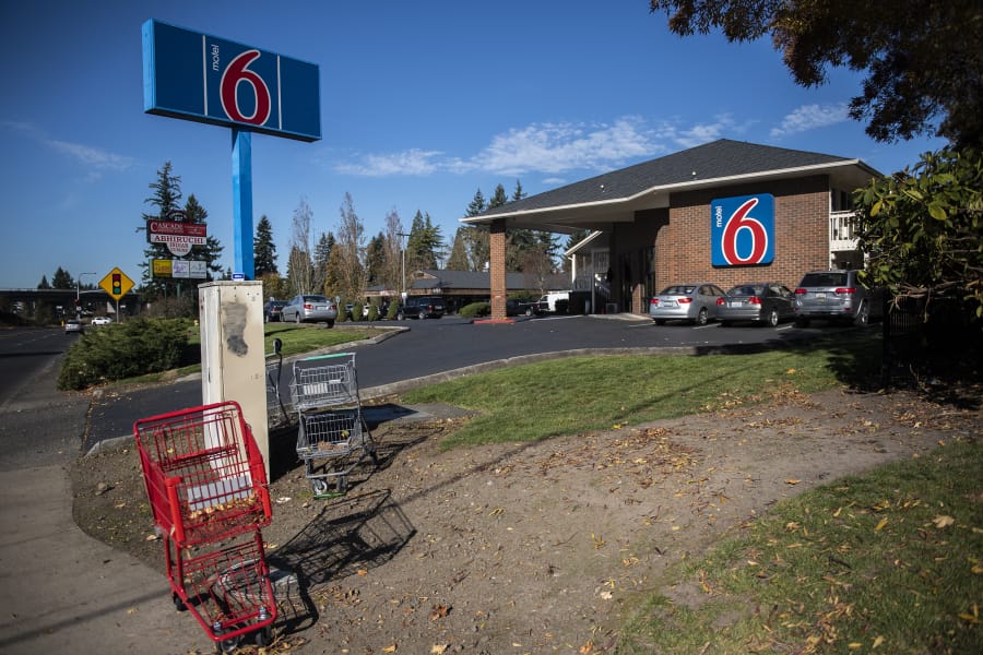 Abandoned shopping carts are seen here in front of the Motel 6 on Chkalov Drive. According to data provided by Clark Regional Emergency Services Agency, police, firefighters and medics were dispatched to 2,693 calls for service at Motel 6 in the past five years. A total of 2,052 calls were assigned to the Vancouver Police Department.