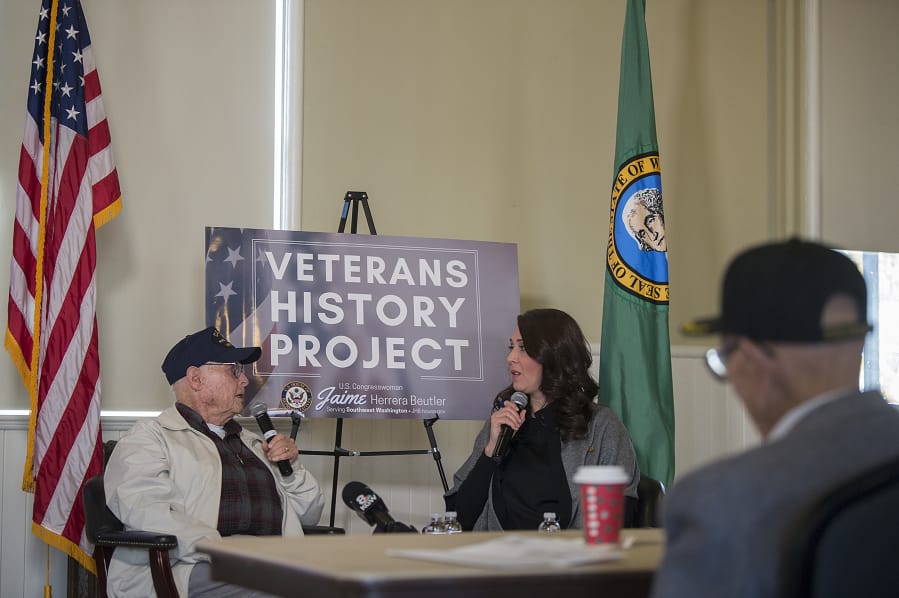 World War II veteran Jack Hooghkirk shares his story with U.S. Rep. Jaime Herrera Beutler as part of the Veterans History Project at Fort Vancouver Artillery Barracks on Friday morning.