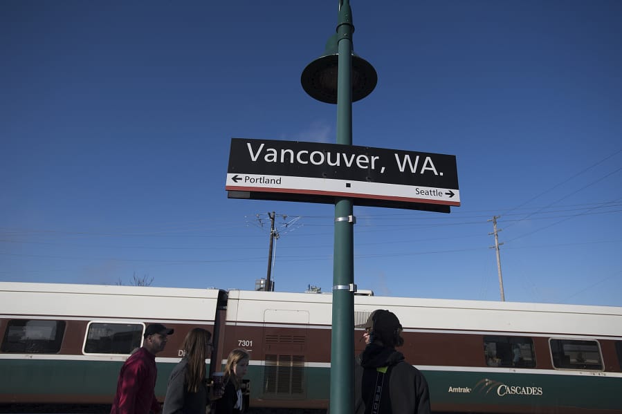 An Amtrak Cascades train pulls into the station in Vancouver at mid-morning on Nov. 22. There are four round trips per day to Portland, but not at normal commute hours.