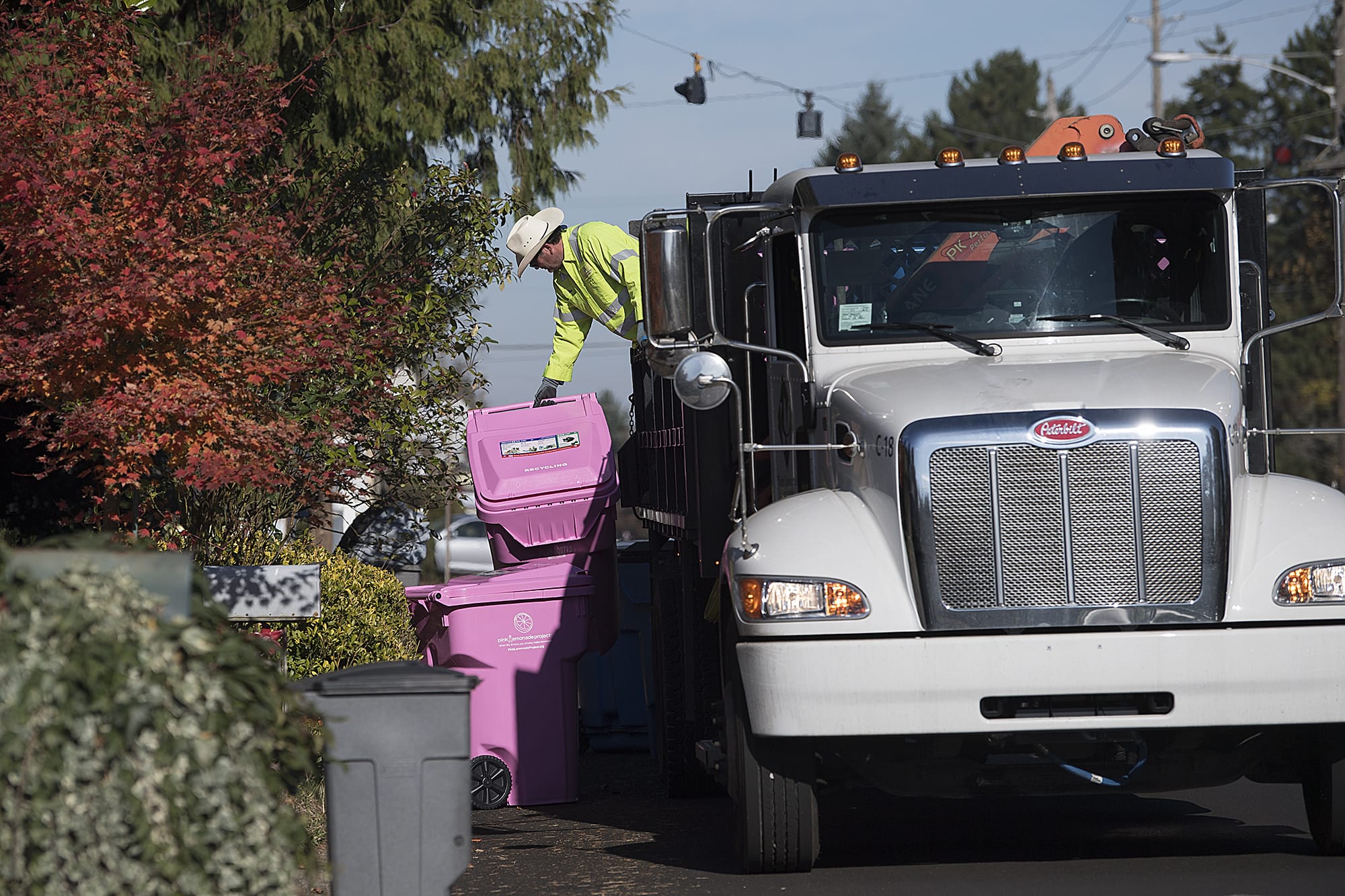 Ben Dynes, a driver with Waste Connections, drops off a pink recycle bin in honor of breast cancer awareness at a home along Devine Road on Wednesday morning, Nov. 6, 2019.