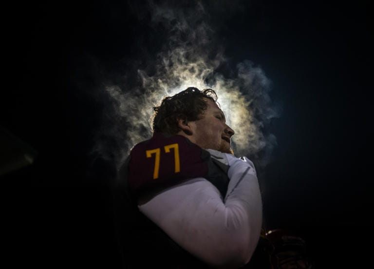 Steam rolls off Connor French on the sidelines during a game against Capital at Battle Ground District Stadium on Friday night, Nov. 8, 2019.