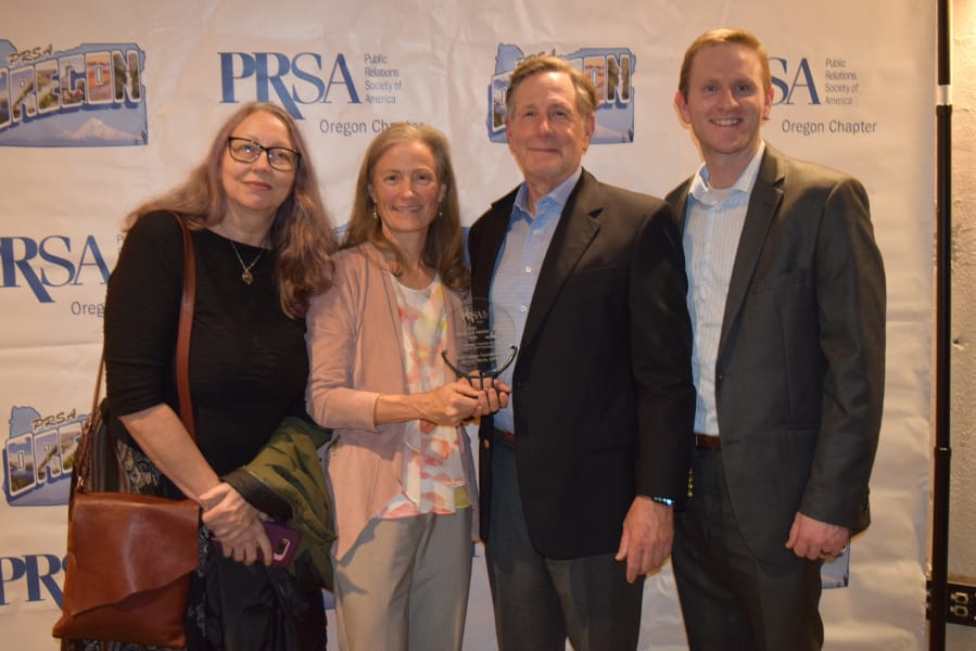 CENTRAL PARK: Clark College Foundation&#039;s Kathy Chennault, from left, Rhonda Morin, Eric Merrill, and Daniel Rogers accept the 2019 Spotlight Award from the Oregon chapter of the Public Relations Society of America.