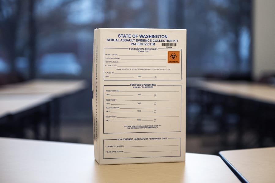 An unused sexual assault evidence collection kit is seen Friday at the Washington State Patrol Crime lab in Vancouver.