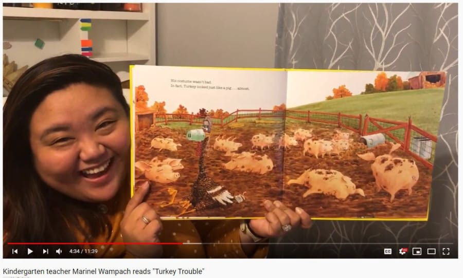 PLEASANT VALLEY: A screenshot from YouTube.com shows Pleasant Valley Primary School kindergarten teacher Marinel Wampach as she reads &quot;Turkey Trouble.&quot; Teachers at Pleasant Valley Primary School recently started a video series published on YouTube.com, called &quot;Bedtime Books with Buddy the Beaver,&quot; so students can follow along at home.