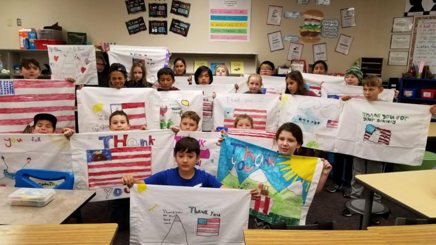 East Mill Plain: Students in Anna Ball&#039;s class at Mill Plain Elementary School with the pillowcases they decorated to send to troops as part of Operation Pillow Talk.