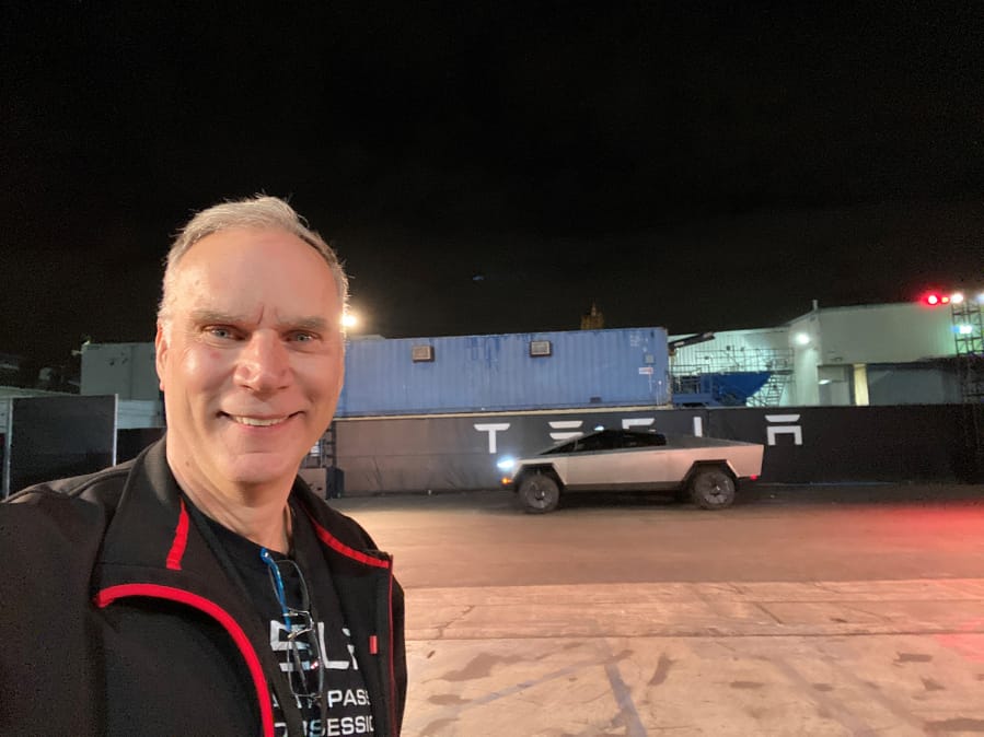 Phil Gorski of Felida takes a selfie in Hawthorne, Calif., at Tesla&#039;s Cybertruck unveiling, with the truck in the background. &quot;Some angles it&#039;s awesome! Others, not so much,&quot; he wrote in an email to The Columbian. &quot;But this is still early days and much refinement will come between now and when deliveries begin.