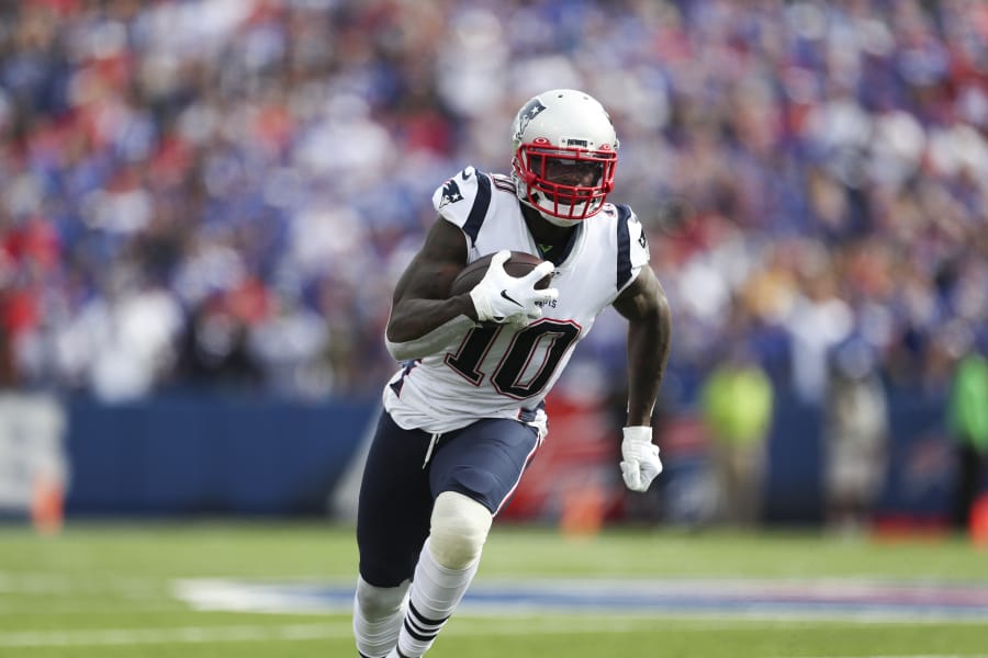 New England Patriots wide receiver Josh Gordon (10) plays against the Buffalo Bills in the second half of an NFL football game, Sunday, Sept. 29, 2019, in Orchard Park, N.Y.