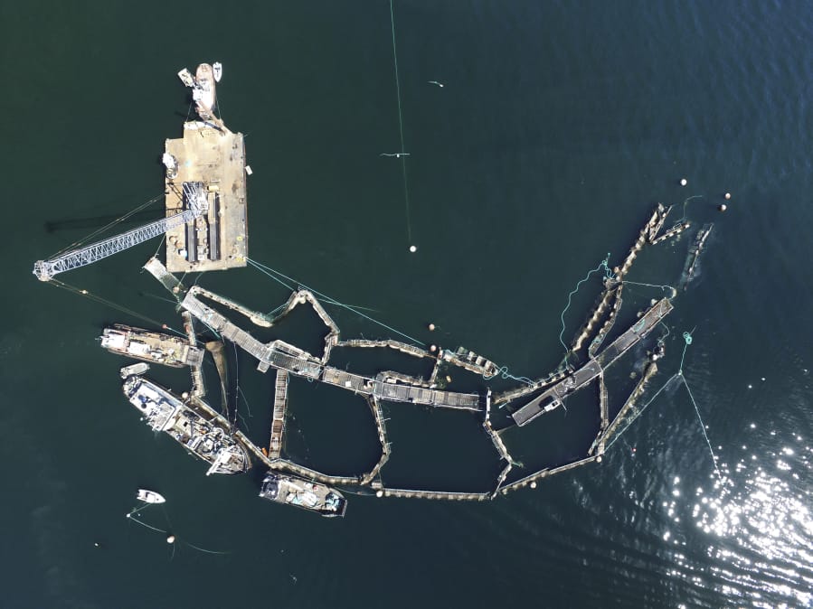 A crane and boats are anchored next to a collapsed &quot;net pen&quot; used by Cooke Aquaculture Pacific to farm Atlantic salmon near Cypress Island in Washington after a failure of the nets allowed tens of thousands of the nonnative fish to escape in 2017.
