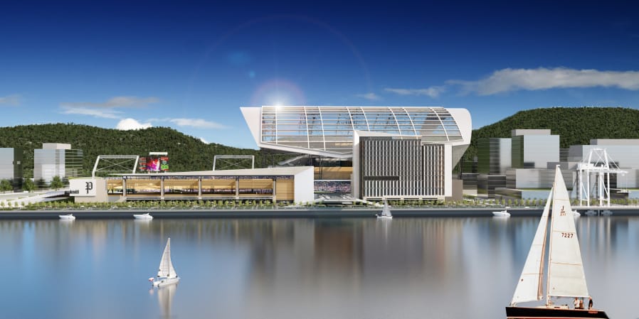 Renderings of a proposed stadium at the Port of Portland&#039;s Terminal 2 in Northwest Portland.