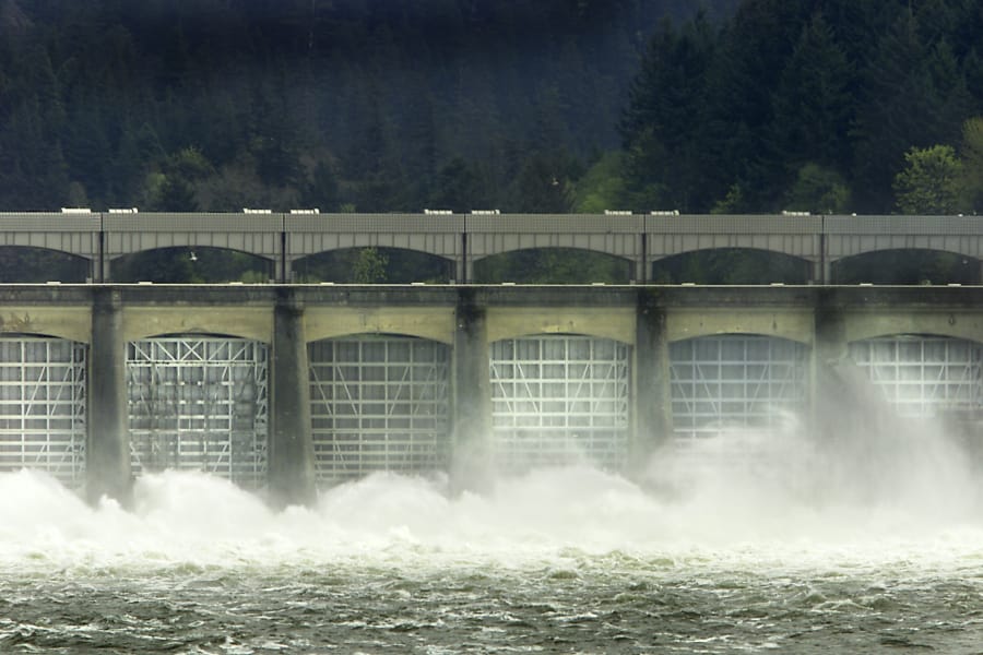 Water roils through the spillway and mist whips up the gates at Bonneville Dam in the spring of 2013.
