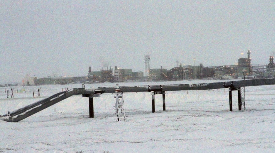 Ice forms on pipelines built near the Colville-Delta 5 field drilling site in February 2016 on Alaska&#039;s North Slope.