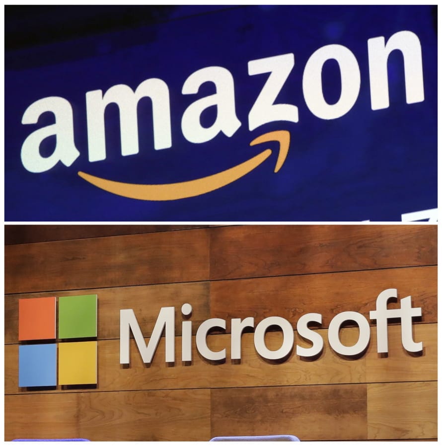 FILE - This combination of file photos shows the logos for Amazon, top, and Microsoft. Amazon is protesting the Pentagon&#039;s decision to award a huge cloud-computing contract to Microsoft, citing &quot;unmistakable bias&quot; in the decision. Amazon&#039;s competitive bid for the &quot;war cloud&quot; drew criticism from President Donald Trump and its business rivals. (AP Photo/Richard Drew and Ted S.
