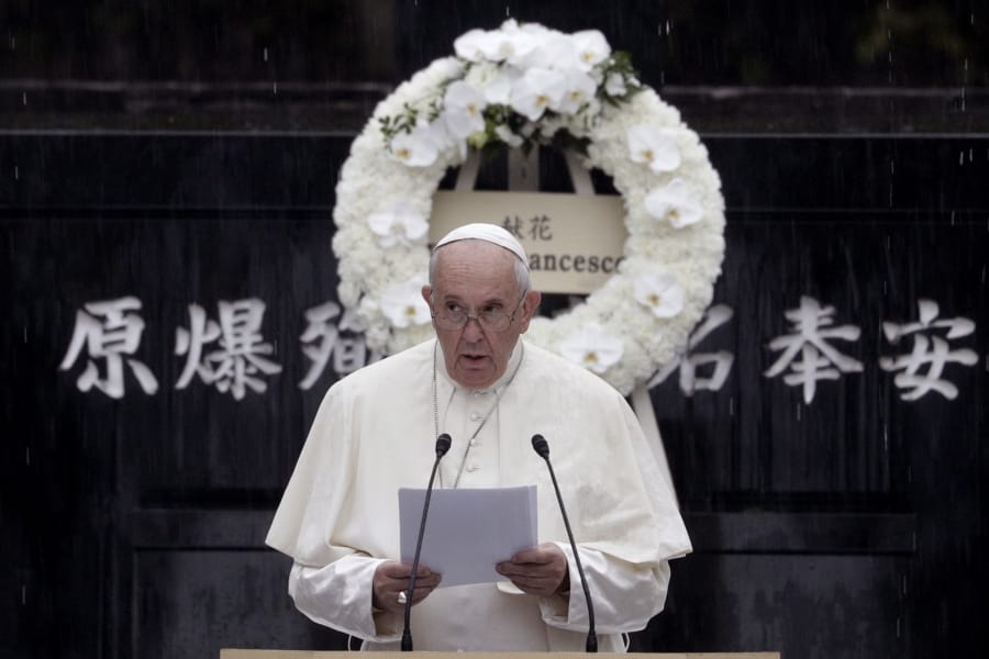 Pope Francis delivers the speech at the Atomic Bomb Hypocenter Park, Sunday, Nov. 24, 2019, in Nagasaki, Japan.