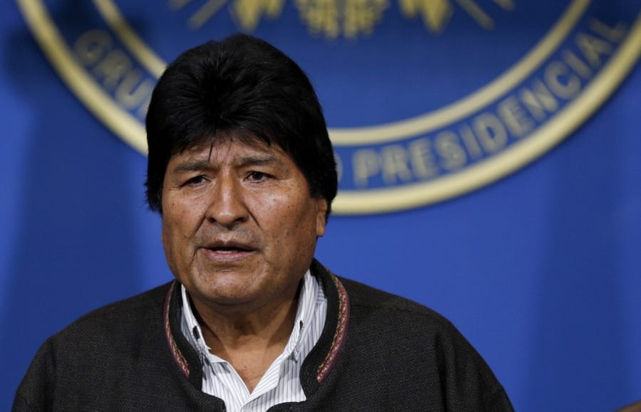 Bolivia&#039;s President Evo Morales looks on during a press conference in La Paz, Bolivia, Sunday, Nov. 10, 2019. Morales is calling for new presidential elections and an overhaul of the electoral system Sunday after a preliminary report by the Organization of American States found irregularities in the Oct. 20 elections.