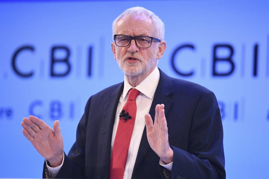 Labour leader Jeremy Corbyn speaks at the Confederation of British Industry (CBI) annual conference at the InterContinental Hotel in London, Monday, Nov. 18, 2019. The leaders of Britain&#039;s three biggest national political parties were making election pitches Monday to business leaders who are skeptical of politicians&#039; promises after years of economic uncertainty over Brexit.