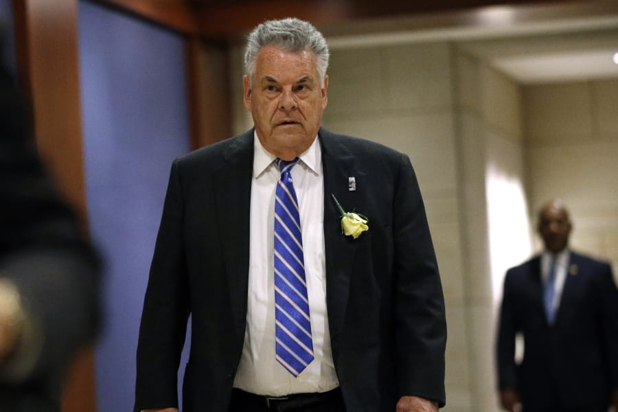 FILE - In this May 21, 2019, file photo, Rep. Peter King, R-N.Y., arrives for a classified members-only briefing on Iran on Capitol Hill in Washington. King announced Monday, Nov. 11, 2019,  he will not seek reelection in 2020. The 14-term Republican congressman said in a Facebook post that his commute was a main factor in his decision, saying he wants &quot;flexibility to spend more time&quot; with his children and grandchildren.