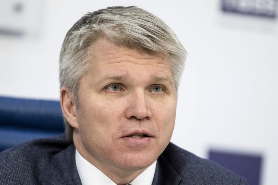 FILE - In this Feb. 5, 2018 file photo, Russia&#039;s sports minister Pavel Kolobkov attends a press conference in Moscow, Russia.  Speeches by representatives from the U.S. and Russia delivered Wednesday, Nov. 6, 2019, in Poland, illustrated the wide gap in perceptions about the Russian doping scandal that has upended Olympic sports. U.S. Anti-Doping Agency head Travis Tygart said Russia can no longer be allowed to steal medals from clean athletes. A few minutes later, Kolobkov said Russia has paid the price for its misdeeds and should be welcomed back into the fold. Russia is under threat of missing the Tokyo Olympics.