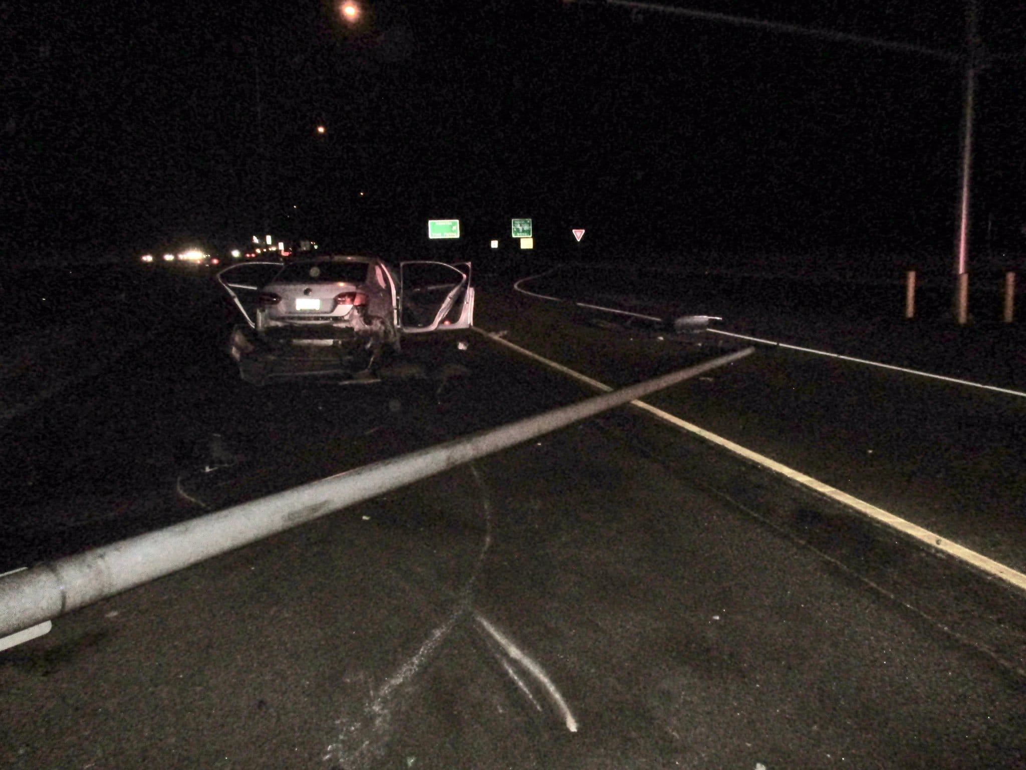A man suffered a broken neck Monday morning after he reportedly fell asleep at the wheel and crashed into a light pole on northbound Interstate 5 at the Port of Entry in Ridgefield.