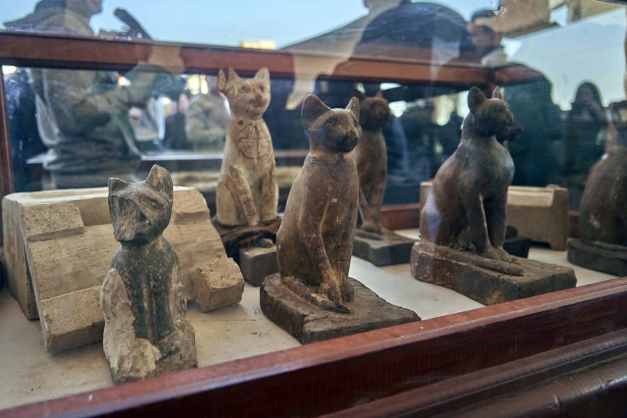 An extensive collection of 75 wooden and bronze statues of cats of different shapes and sizes are displayed in Saqqara, south Giza, Egypt. Saturday, Nov.  23, 2019. Egypt&#039;s Ministry of Antiquities revealed details on recently discovered animal mummies, saying they include two lion cubs as well as several crocodiles, birds and cats. The new discovery was displayed at a makeshift exhibition at the famed Step Pyramid of Djoser in Saqqara, south of Cairo, near the mummies and other artifacts were found in a vast necropolis.